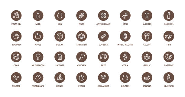 ilustrações de stock, clip art, desenhos animados e ícones de simple isolated vector logo set badge ingredient warning label. black and white allergens icons. food intolerance. 32 allergens icon - gordura nutriente