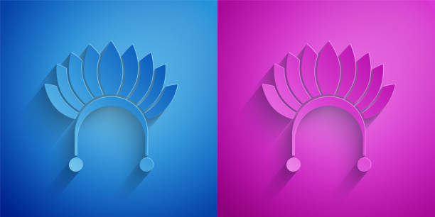 Paper cut Native American headdress with feathers icon isolated on blue and purple background. Native american traditional headdress. Paper art style. Vector Paper cut Native American headdress with feathers icon isolated on blue and purple background. Native american traditional headdress. Paper art style. Vector. cherokee clip art stock illustrations