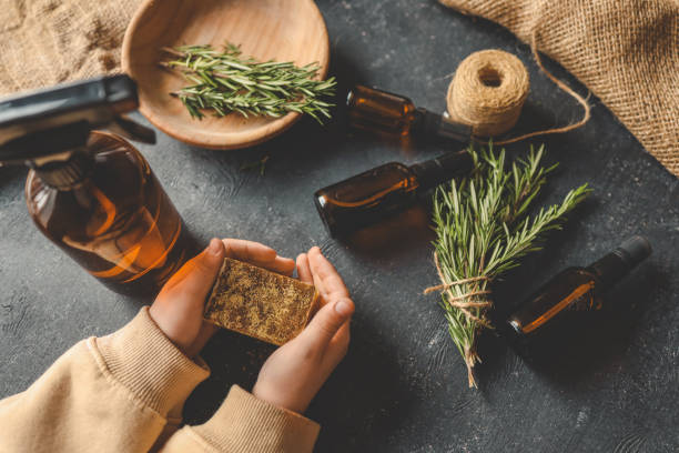 istock Organic hair growth products, solid shampoo and spray with rosemary 2194793465