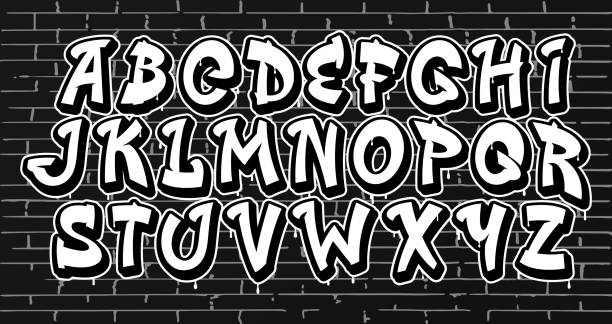 Graffiti font, street art typeface, hip hop type Graffiti font, street art typeface, hip hop type, grunge English alphabet featuring white, bold, outlined uppercase letters with a dynamic urban aesthetic. Vector teenage culture typography characters cool graffiti characters stock illustrations