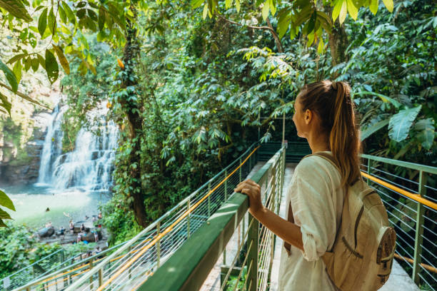 istock Woman Admiring Waterfall from Jungle Bridge 2194797531