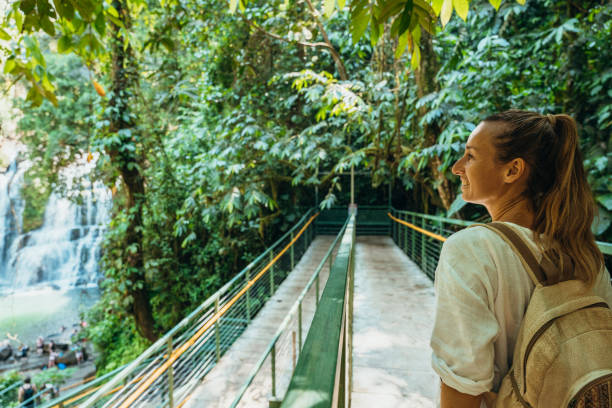 istock Woman Admiring Waterfall from Jungle Bridge 2194797555