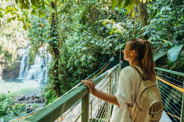 istock Woman Admiring Waterfall from Jungle Bridge 2194797561