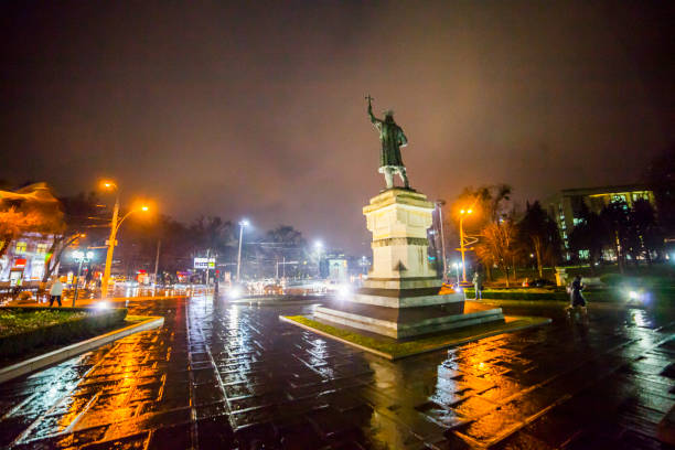 A statue of Stephen the Great, in Chisinau, Moldova, on a rainy night