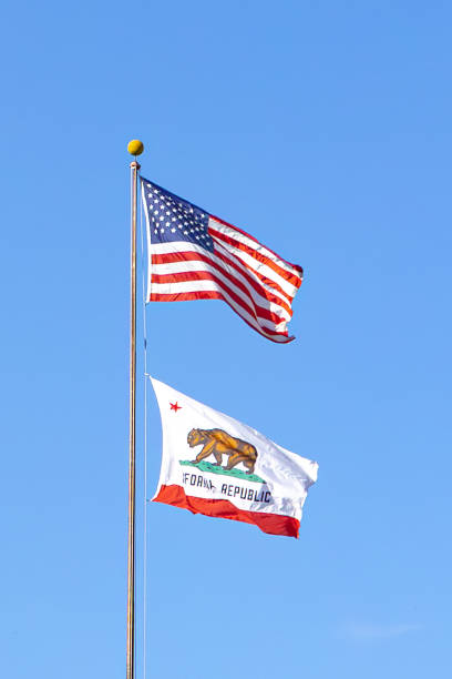 California and American flags flying against a blue sky background