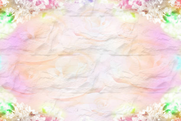 Dreamy blurred pink yellow gradient background with merging  flowers composition. Template banner. Frame with soft pastel floral pattern