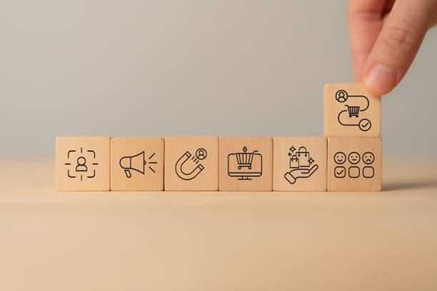 istock Customer Journey Concept. Wooden blocks with customer journey icons representing e-commerce, customer experience, marketing processes, online business, user engagement, and digital marketing strategy. 2194802000