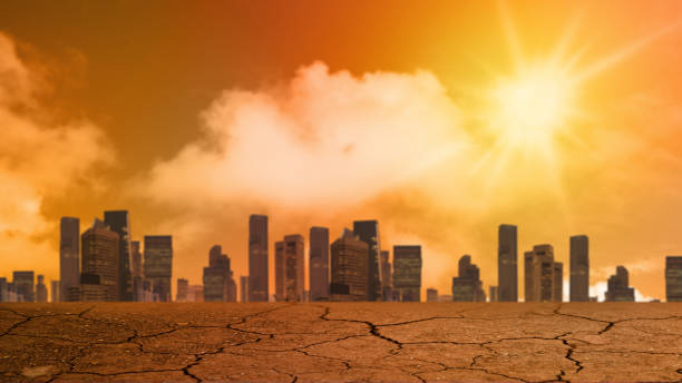 istock View of drought fields and a cityscape with bad or hot weather 2194803594