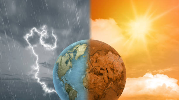istock Scene of the earth with different weathers. Rain and thunders from the dark clouds with sunlight and heat weather from the sky. Concepts of extreme weather, climate change, or global warming 2194806199