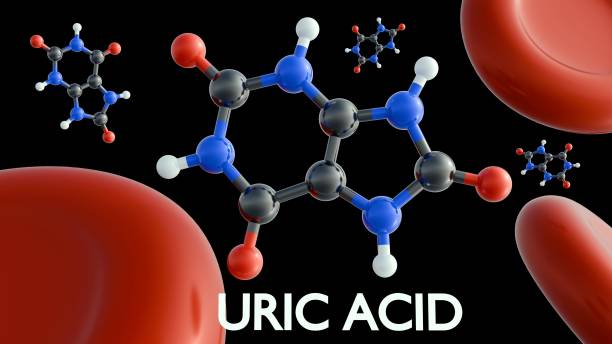 istock 3D rendering of uric acid molecules and red blood cells. 2194807524