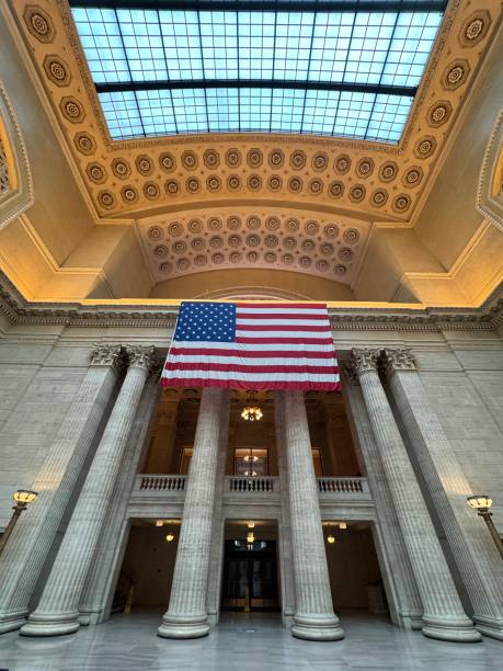 istock Large American flag hanging in Chicago’s Union Station Great Hall 2194807787