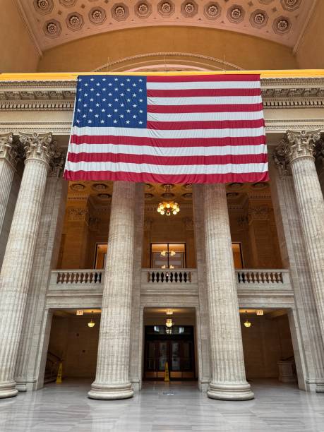 istock Large American flag hanging in Chicago’s Union Station Great Hall 2194807788