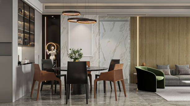 istock Contemporary Dining Room with Accent Chair and Marble Wall 2194810766