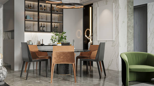 Modern Dining Room Interior with Green Armchair