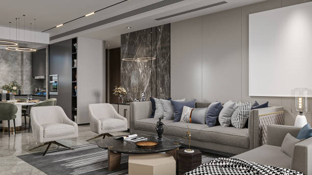 istock Luxurious Modern Living Room Interior with Grey Sofa, Marble Accent Wall, and Stylish Decor 2194811160
