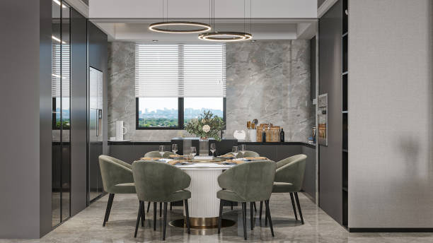istock Modern Dining Room with Marble Wall and Green Velvet Chairs 2194811167