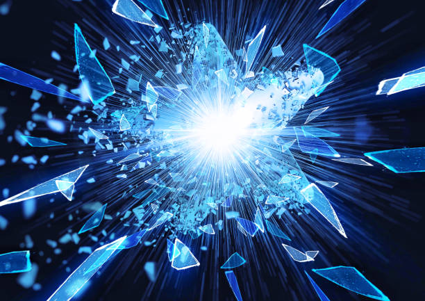 istock 3D illustration of blue broken glass splashes on a dark background 2194814105