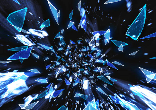 istock 3D illustration of blue broken glass splashes on a dark background 2194814107