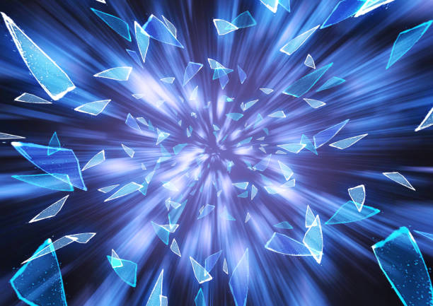 istock 3D illustration of blue broken glass splashes on a dark background 2194814108