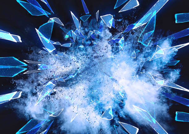 istock 3D illustration of blue broken glass splashes on a dark background 2194814109