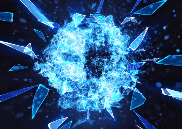 istock 3D illustration of blue broken glass splashes on a dark background 2194814123