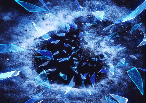 istock 3D illustration of blue broken glass splashes on a dark background 2194814126