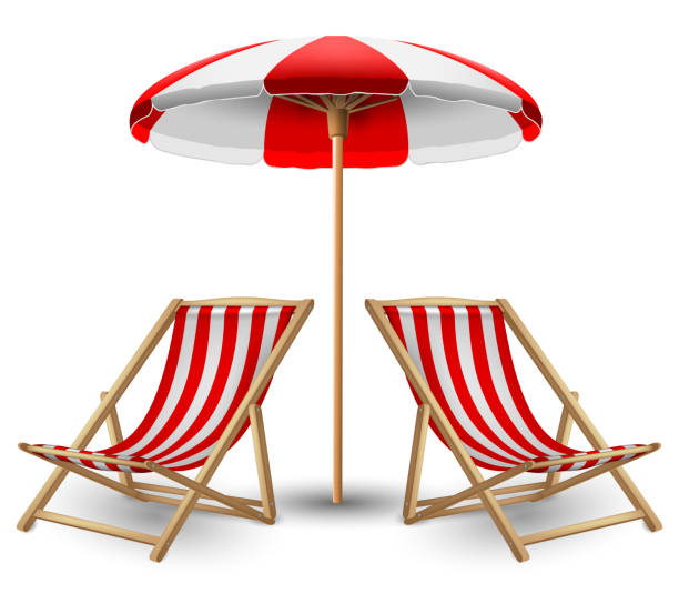 Two white and red striped sun lounger and beach umbrella. Highly realistic illustration. Two white and red striped sun lounger and beach umbrella on a white background. Highly realistic illustration. red beach chairs stock illustrations