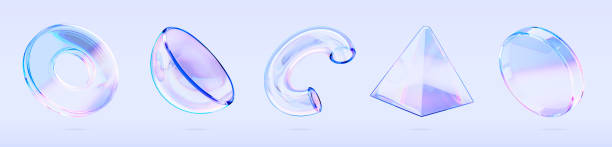 3d glass liquid holographic transparent geometric shapes render icon set. Abstract gradient fluid figures triangle, cylinder, half sphere, torus, circle tube objects isolated elements