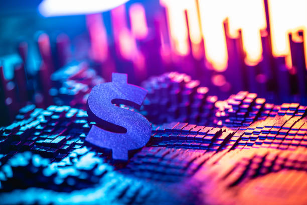 Colorful financial artwork featuring a dollar symbol among vibrant lighting and visual effects, conveying themes of economy and technology.