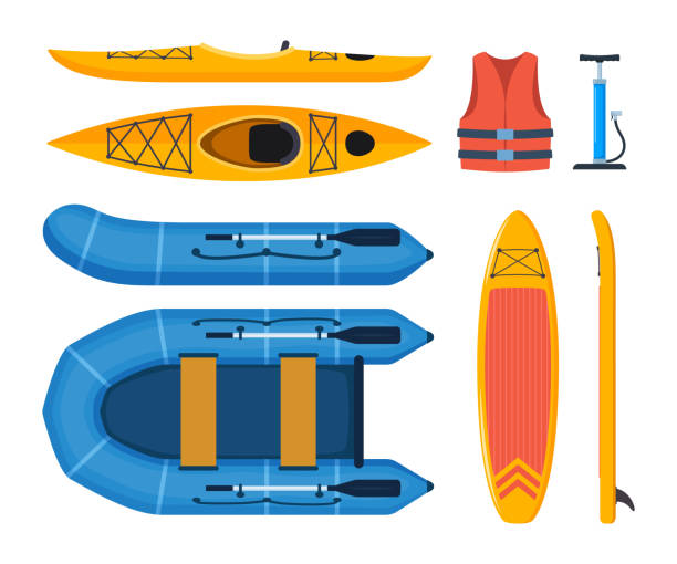 istock Boats and gear for rafting: Paddle board, kayak and inflatable boat. Basic set for SUP. Inflatable board, paddle, life jacket, pump. Vector illustration. 2194827705