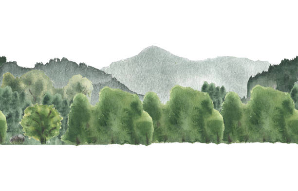 istock Woodland view lush greenery by watercolor seamless border isolated on white. Forest area and misty mountains hand drawn on repeated footer. Scenic landscape of greenery hills and dense foliage. 2194828044