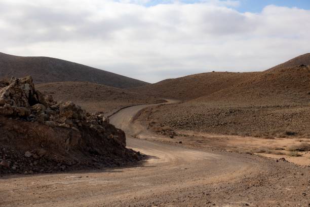 istock Winding dirt road through a barren desert landscape under a partly cloudy sky 2194829957