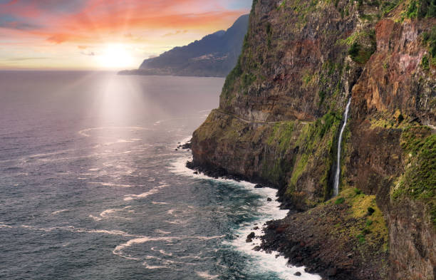 Waterfall Veu da Noiva (Bride's veil) - Madeira, Portugal - nature background