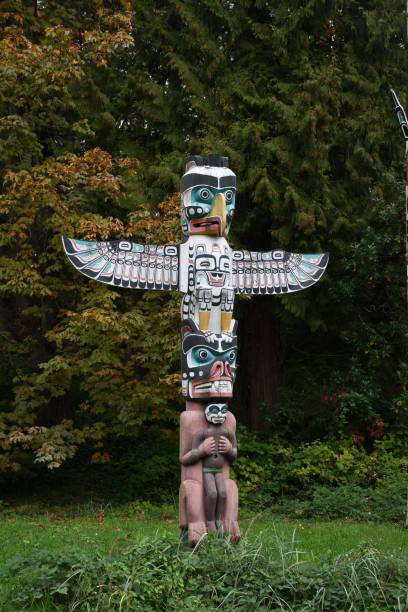 istock Traditional totem pole in a lush park setting. 2194830670