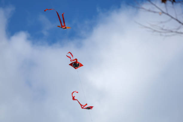Brightly colored kites with long tails dance against a backdrop of fluffy white clouds in a clear blue sky. The sequence of kites is tethered on a single string, creating a lively display of motion and color.