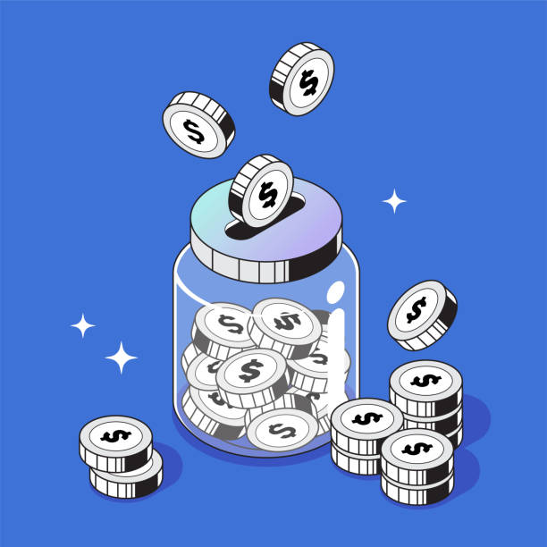 illustrations, cliparts, dessins animés et icônes de vecteur 2d isométrique pot ou bouteille économie et concept financier, illustration de pièces de monnaie, ensemble d’icônes et de symboles - affaires finance et industrie