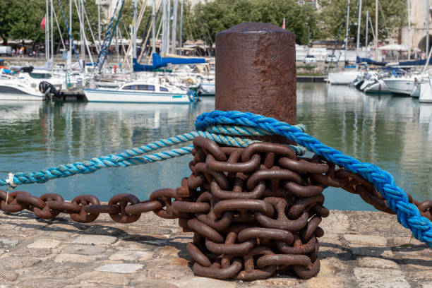 istock A chain is wrapped around a metal post with a blue and white rope 2194841412