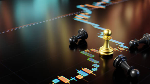 A golden chess pawn surrounded by fallen black pawns on the digital screen surface with financial chart graphics, representing strategy, decision-making, and competition in business and financial contexts.