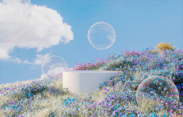istock Abstract spring flowers landscape scene with white podium and soap bubbles. 3d rendering. 2194844860
