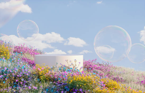 istock Abstract spring flowers landscape scene with white podium and soap bubbles. 3d rendering. 2194844861