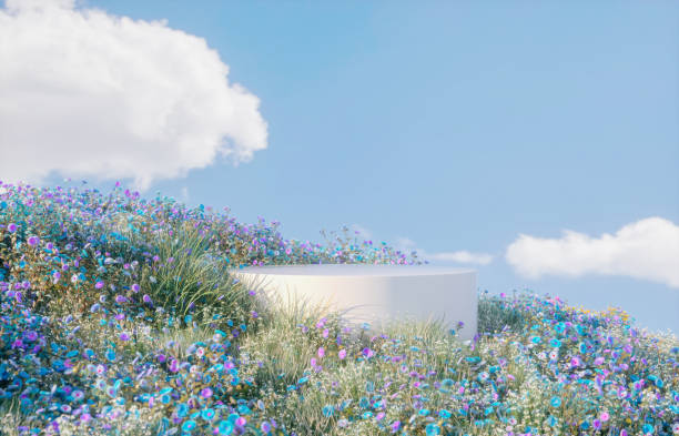 istock Abstract spring flowers landscape scene with white podium and soap bubbles. 3d rendering. 2194844862