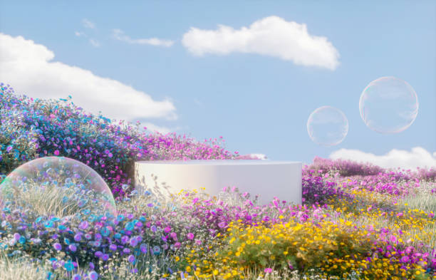 istock Abstract spring flowers landscape scene with white podium and soap bubbles. 3d rendering. 2194844871
