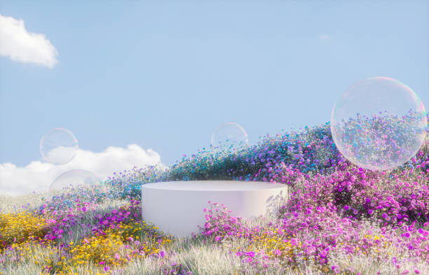 istock Abstract spring flowers landscape scene with white podium and soap bubbles. 3d rendering. 2194844872