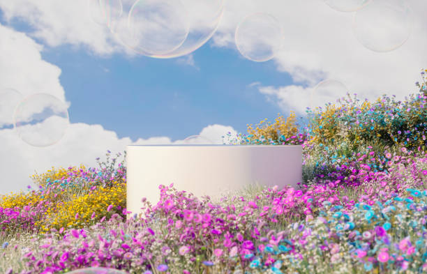 istock Abstract spring flowers landscape scene with white podium and soap bubbles. 3d rendering. 2194844880