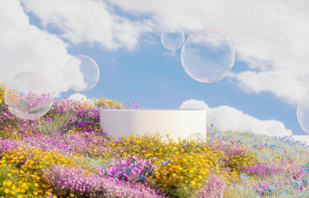 Abstract spring flowers landscape scene with white podium and soap bubbles. 3d rendering.