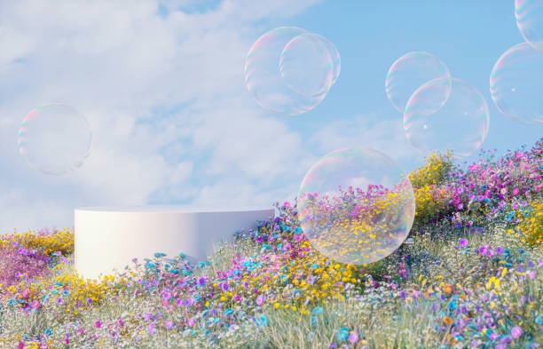 istock Abstract spring flowers landscape scene with white podium and soap bubbles. 3d rendering. 2194844887