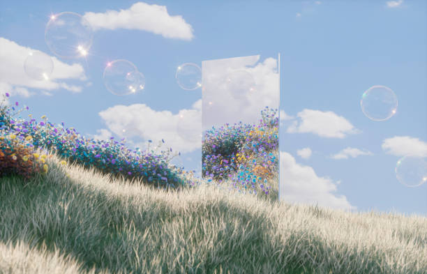 Abstract spring flowers landscape scene with mirror reflection and soap bubbles. 3d rendering.