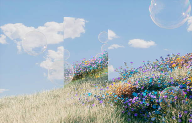 istock Abstract spring flowers landscape scene with mirror reflection and soap bubbles. 3d rendering. 2194844893