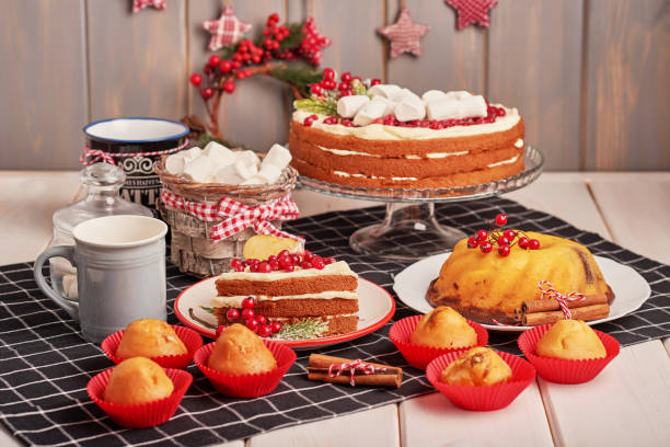 Christmas cake and sweets on table. Christmas  decorations with lights background. Happy New Year! Christmas greeting card. Winter card template. Xmas concept. Holiday Banner. Feast of Nativity