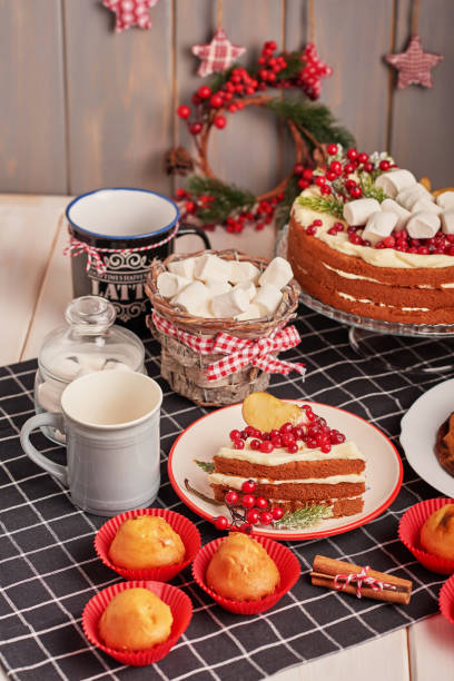 istock Christmas cake and sweets on table. Christmas  decorations with lights background. Happy New Year! Christmas greeting card. Winter card template. Xmas concept. Holiday Banner. Feast of Nativity. 2194845592
